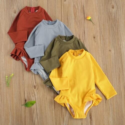 4 Colors Newborn Baby Girls Bikini Solid Ruffles Long Sleeve Back Zipper Jumpsuits Swimwear