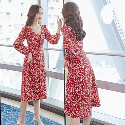 Autumn Spring Floral Print Midi Long Dress V Neck Vintage Birthday Dress A line Long Sleeve Elegant Slim High Waist Chiffion