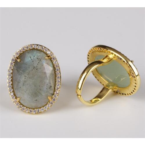 Oval cut faceted dim grey moonstone labardorite stone bead charm pave white cz rim cycle open finger ring cuff for women