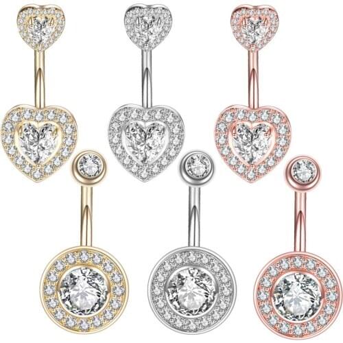 1PC Heart Round Belly Piercing Women Belly Button Rings Rose Gold New Steel Rhinestone Sexy Belly Navel Piercing