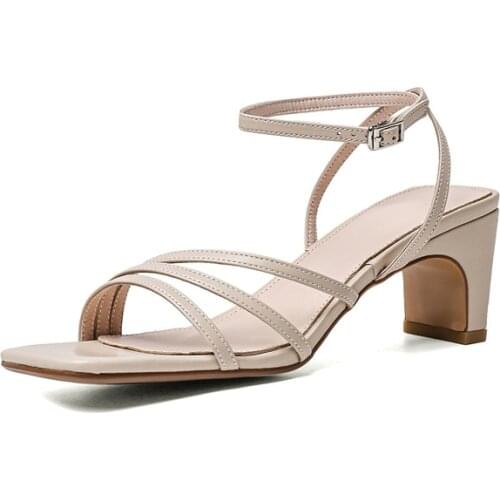 Summer Sandals Women Shoes Natural Genuine Leather Thin High Heel Ankle Strap Shoes Cow Leather Buckle Sandals Ladies