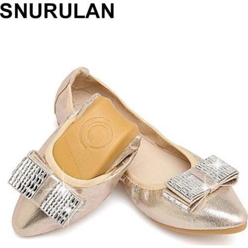 SNURULAN 2019 New Women bow with sparkles with rhinestones; ballet flats shoes for girls spring autumn non-lace up pointed toe