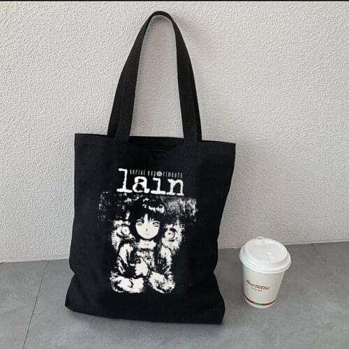 Bolsa de compras Experimentos en serie Lain Tote Bag Moda japonesa Harajuku Manga Iwakura Bolsa de lona Bolsa de hombro negra