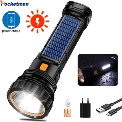 LED Solar Flashlight USB Rechargeable Flashlight Torch Outdoor Long-range Lanterna Multi-function Emergency Power Bank Hand Lamp