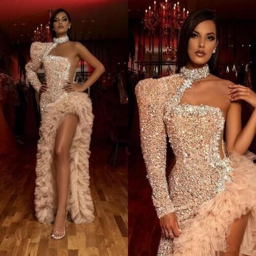 High Split Sequined Prom Dresses 2020 One Shoulder Long Sleeve Ruffles Tier Asymmetrical Skirt Sexy Mermaid Cocktail Party Dress