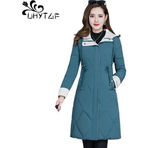 UHYTGF High-End White Duck Down Womens Jacket Mid-Length Thin Light Winter Cotton Coat Hooded Warm Plus Size Parker Female 1957