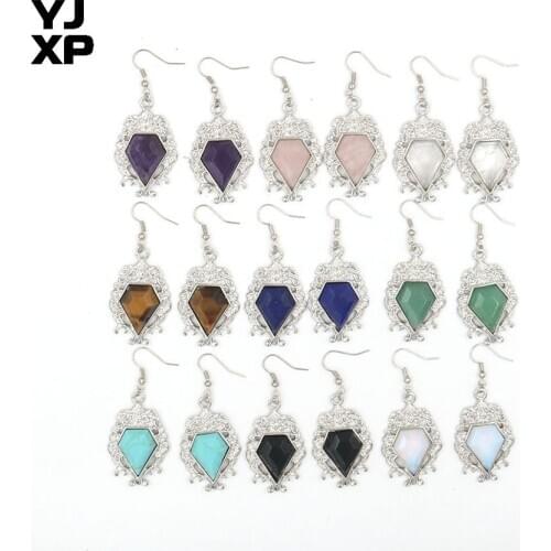 YJXP Silver Plated Natural Amethysts Green Turquoises Inlaid Lace Pentagonal Arrowhead Dangle Earrings Female Charm Jewelry Gift