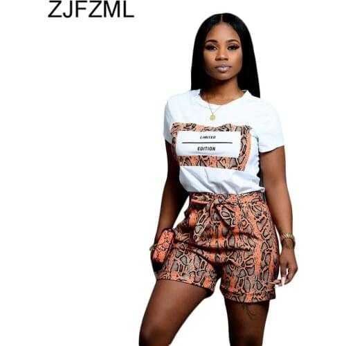 Snake Skin Print Sexy 2 Piece Outfits For Women O Neck Short Sleeve T Shirt And Bodycon Shorts Sweat Suits Vintage Matching Set