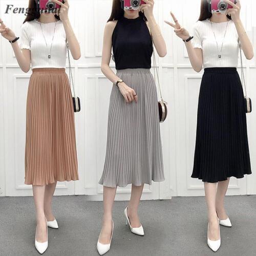Spring 2020 Long Pleated skirts womens Summer Casual Women Skirt High Waist Elascity faldas Party Skirt streetwear jupe femme