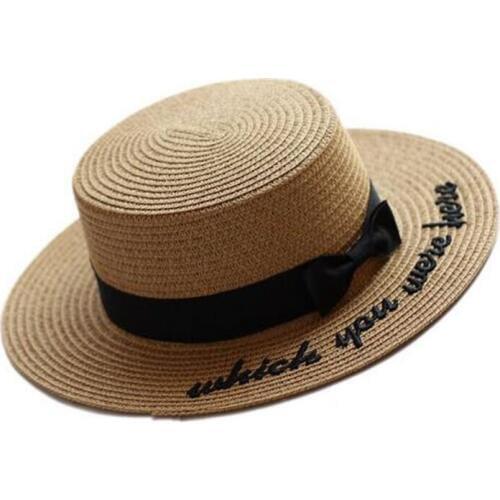 Seioum Korea Style Embroidery Letter Boater Hat Summer Ribbon Round Bow Flat Top Wide Brim Straw Hat Women Fedora Panama Hat