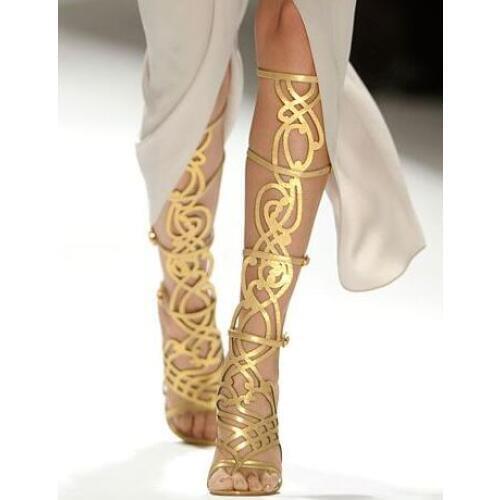 Real Photo Hot Selling Cut-out Gold Graphic Gladiator Sandal Boots Peep Toe High Heel Summer Dress shoes woman Women Size 34-42