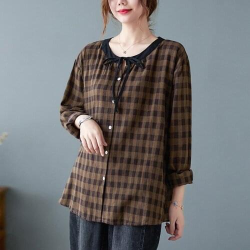 Oversized Women Long Sleeve Cotton Linen Shirts New 2021 Autumn Vintage Style O-neck Plaid Print Loose Female Casual Tops B1035