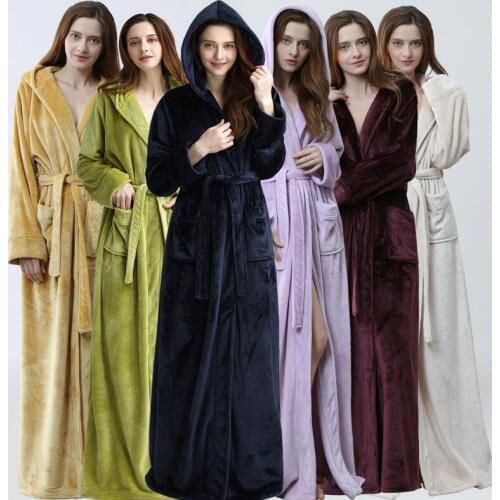Women Men Winter Plus Size Flannel Robe Extra Long Hooded Warm Bathrobe Lovers Thick Kimono Bath Robe Male Dressing Gown Robes