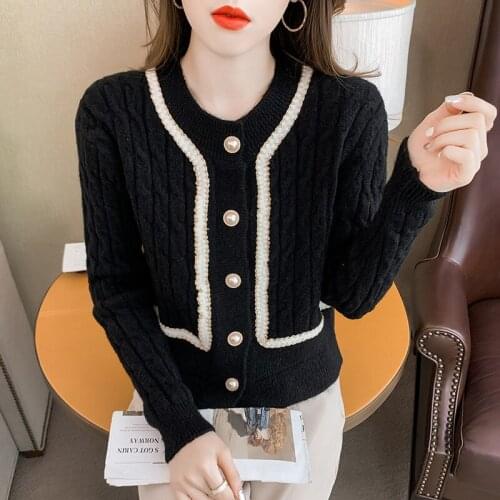 Womens Cardigan Black White Blue Soft Twist Short French Style Sweater Coat 2021 New Autumn Winter Female Casual Knitted Jacket