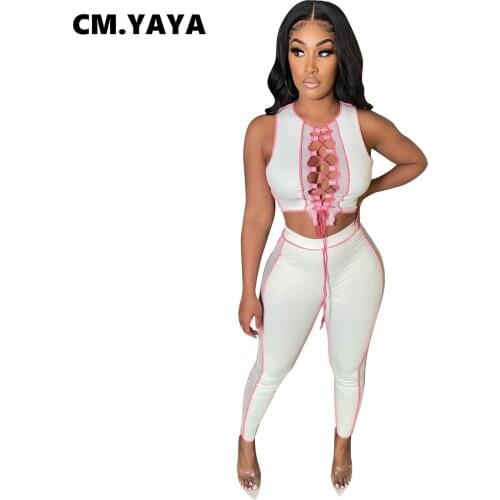 CM.YAYA Women Set Patchwork Sleeveless Bandage Crop Tops Pencil Pants Two 2 Piece Sets Active Tracksuit Fashion Outfit Summer