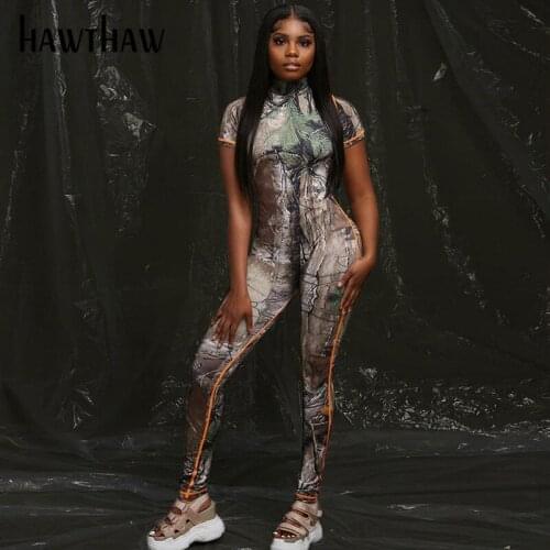 Hawthaw Women Short Sleeve Printed Bodycon Slim Fashion Zipper Jumpsuit Overall Playsuit 2021 Female Clothing Streetwear