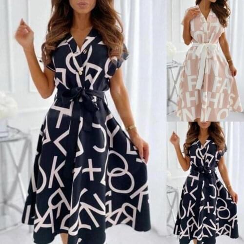 2021 Women Dress Letters Print V Neck Summer Short Sleeve Buttons Belt Dress for Wedding vestidos de mujer casual robe femme