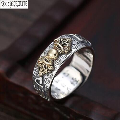 100% 925 Silver Tibetan Dorje Ring Tibetan Six Words Proverb Ring Good Luck Man Ring