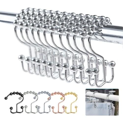12pcs Stainless Steel Double Glide Curtain Hooks Polished Hower Nickel Ball Bath Rings Bathroom Decor Roller Shower Decorative