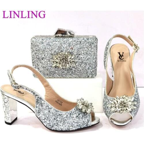 2021 Lastest Special Many shapes Colorful Crystal Decoration Itlaian Design Women Shoes and Bag Set in Silver Color for Party