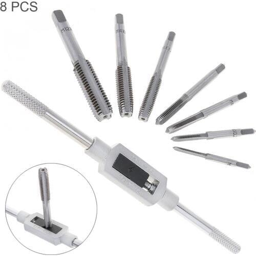 8pcs/lot Hardware Tap Die Set with M3-M12 Straight slot Taps and 1/16'' -1/2'' Wrench Handle for Woodworking / Machinery Repair