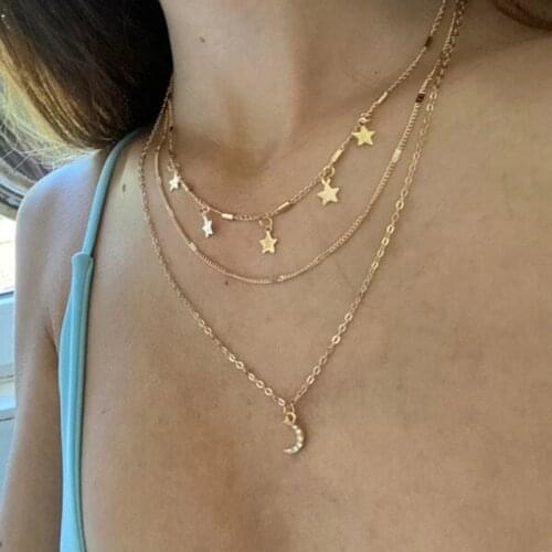 Bohemian Multi-layer Tassel Star Crystal Moon Necklace For Women Gold Color 2021 Vintage Pendants Necklaces Chokers Jewelry Gift
