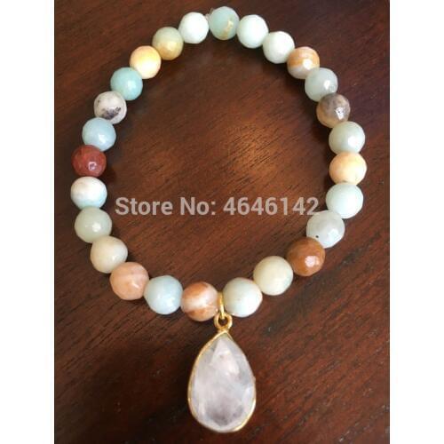 Boho Chic Faceted Amazonite Beads Stretch Bracelet Stone Charm Pendant chic Bead Stack Bracelet