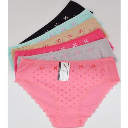 Plus Size Women Briefs Cotton Lace Patchwork Panties Mid Waist Panties for Ladies Dot Printed Underwear Underpants Girls