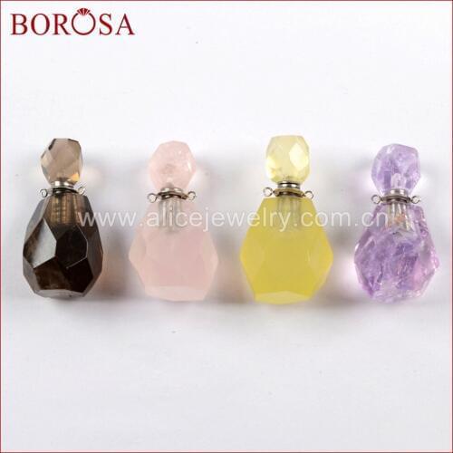 BOROSA 3/5PCS Perfume Bottle Shape Faceted Gem Stone Connectors Pink Quartz Double Charms for Necklace Making WX1018