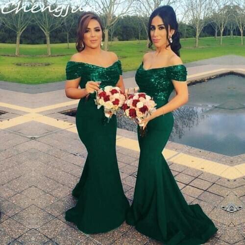Chengjun High Quality Sequins Olive Green Off Shoulder Mermaid Long Bridesmaid Dresses