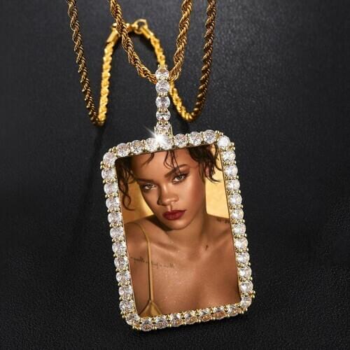 D&Z Custom Made Photo Squar Medallions Solid Back Pendant & Necklace With Tennis Chain Cubic Zircon Mens Hip hop Jewelry