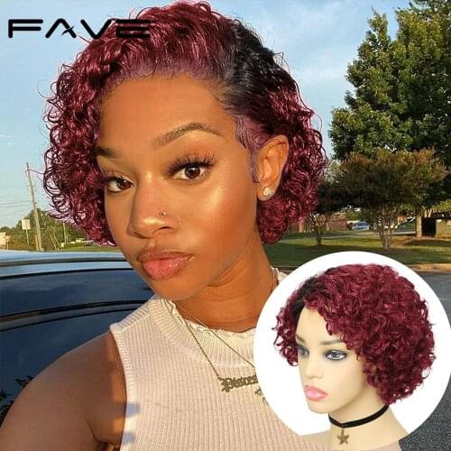 FAVE Curly Wigs Short Pixie Cut Human Hair Wig 1B-Burgundy Color For Women Brazilian Remy Hair Glueless Side Part Human Wigs