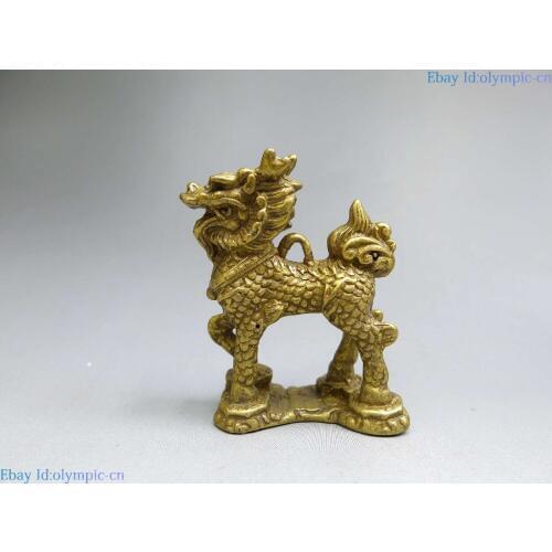 China brass sculpture carved fine copper Feng Shui small Foo Dog Kylin Statue
