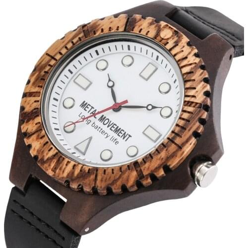 Mens Luminous Wooden Watch Leather Unique Wristwatch White Quartz Dial Male Fashion Business Black Clock with Product Manual