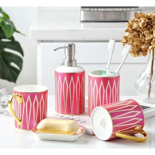 Bathroom Accessories Set Ceramic Soap Dispenser Toothbrush Holder Gargle Cups Soap Dish 5 Pieces Set 304 SUS Head Wedding Gift