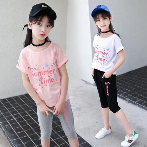 6-10T Girls Letter Print T Shirts Summer Cotton Casual Short Sleeve T-shirt + Cropped Trousers Big Girls Sport Set Out Wear