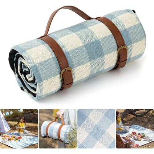 Outdoor Leather Blanket Strap Folding Portable Blue Grid Picnic Mat Waterproof Camping Mattress Picnic Moisture-proof Pad Tools