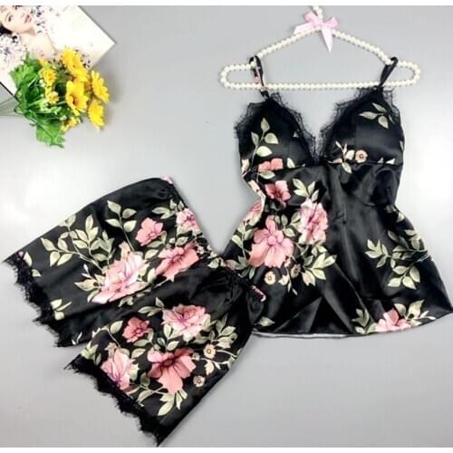 Sleep Lounge Pajama Set Sexy Satin Sleepwear Women Summer Pyjama Femme Fashion Flower Pajamas For Women With Chest Pad