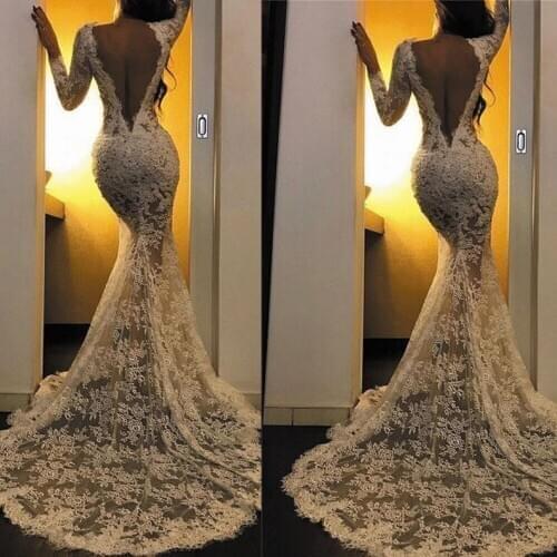 SuperKimJo Vestidos De Fiesta De Noche 2021 Mermaid Lace Applique Evening Dresses Long Sleeve Modest Backless Sexy Formal Dress