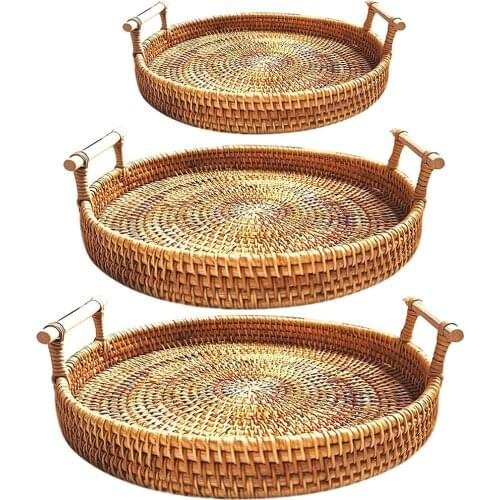 Hand-Woven Round Rattan Tray with Handles Bread Basket Food Organizer Storage Plate Home Table Decor for Coffee Fruit Snacks