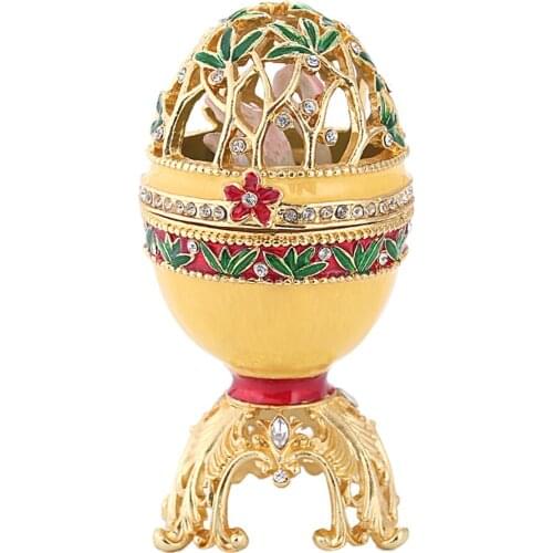 Hollow Enamelled Metal Crystal Easter Floral Leaves Gold Egg Ring Jewellery Trinket Box Ring Holder Xmas Wedding Gift