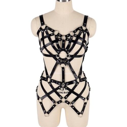 BDSM Leather Harness Lingerie Women Punk Full Body Bondage Cage Straps Set Goth Sexy Bra Sword Belt Binding Leg Garter Bodysuit