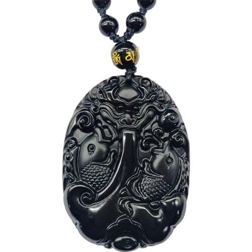 SHIYM Twin Fish Dragon Necklace Pendant Gem Jewelry Mens Pendant With Chain Black Jade Jewelry