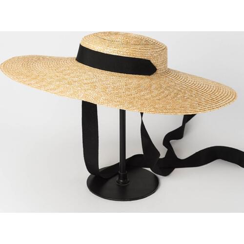 Wide Brim Boater Hat 19cm 15cm 10cm Brim Straw Hat Flat Women Summer Kentucky Derby Hat White Black Ribbon Tie Sun Hat Beach Cap