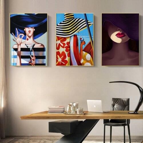 Modern Wall Painting Blue Yellow Wearing Hat Drinking Fashion Poster Red Nail Girl Canvas Decoration Painting For Living Room