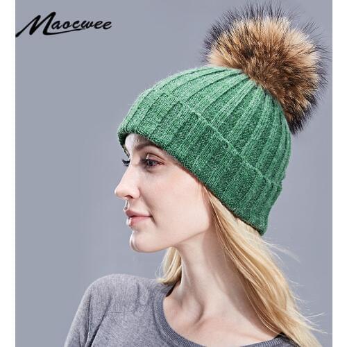 Women Real Fur Pom Pom Hat Female Autumn Winter Wool Knitted Green Skullies Beanies Girl Cap Natural Raccoon Fur Pompom Hat New