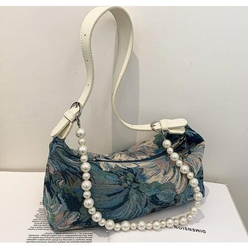 Fashion Painting Vintage Bags For Women Canvas Small Armpit Shoulder Women French Design Hobos Bag Luxury Pearl Chain Handbags