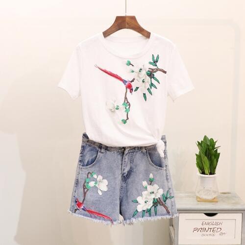 ALPHALMODA European Fashion Shorts Tshirts 2pcs Suits Floral Appliques Stylish Summer Tshirts Denim Shorts Set for Women S-XL
