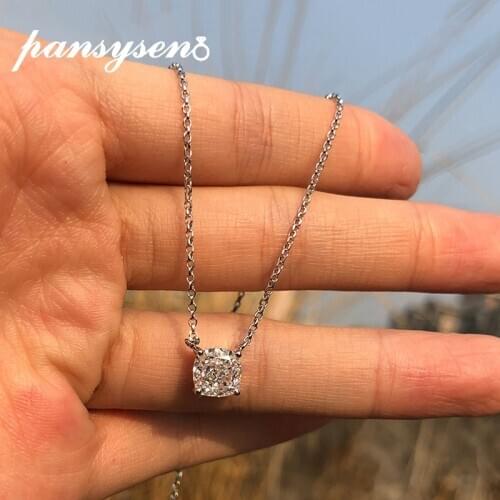 PANSYSEN 100% Real 925 Sterling Silver 7*7MM Created Moissanite Diamond Pendant Necklaces for Women Wedding Valentines Day Gift