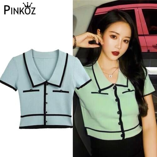 Pinkoz casual daily blue knitting tops fake single breasted short elegant vintage women buttons summer top 2020 sweet